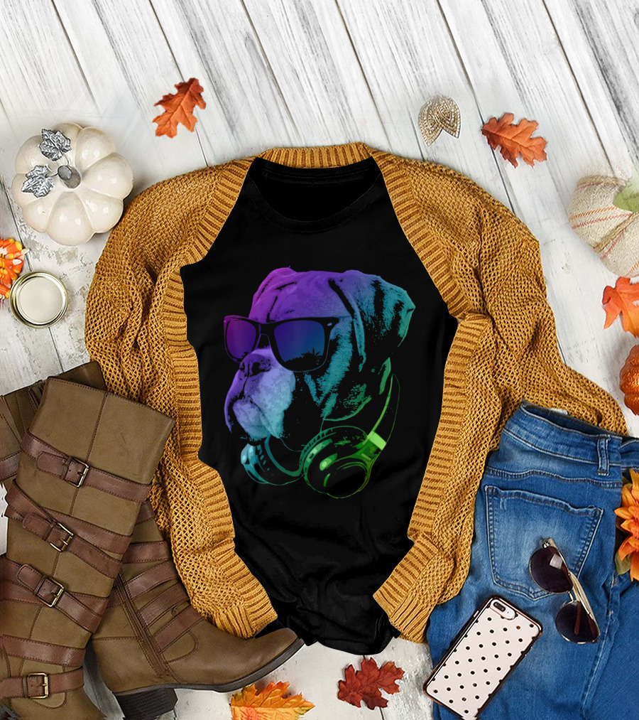 Cool Vibrant Boxer Dog with Sunglasses and Headphones T-Shirt