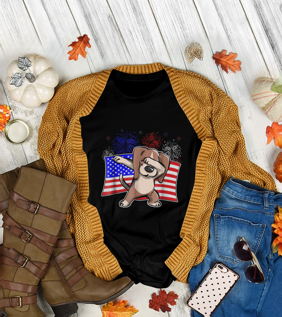 Dabbing Beagle Celebrating Independence Day with American Flag and Colorful Fireworks T-Shirt