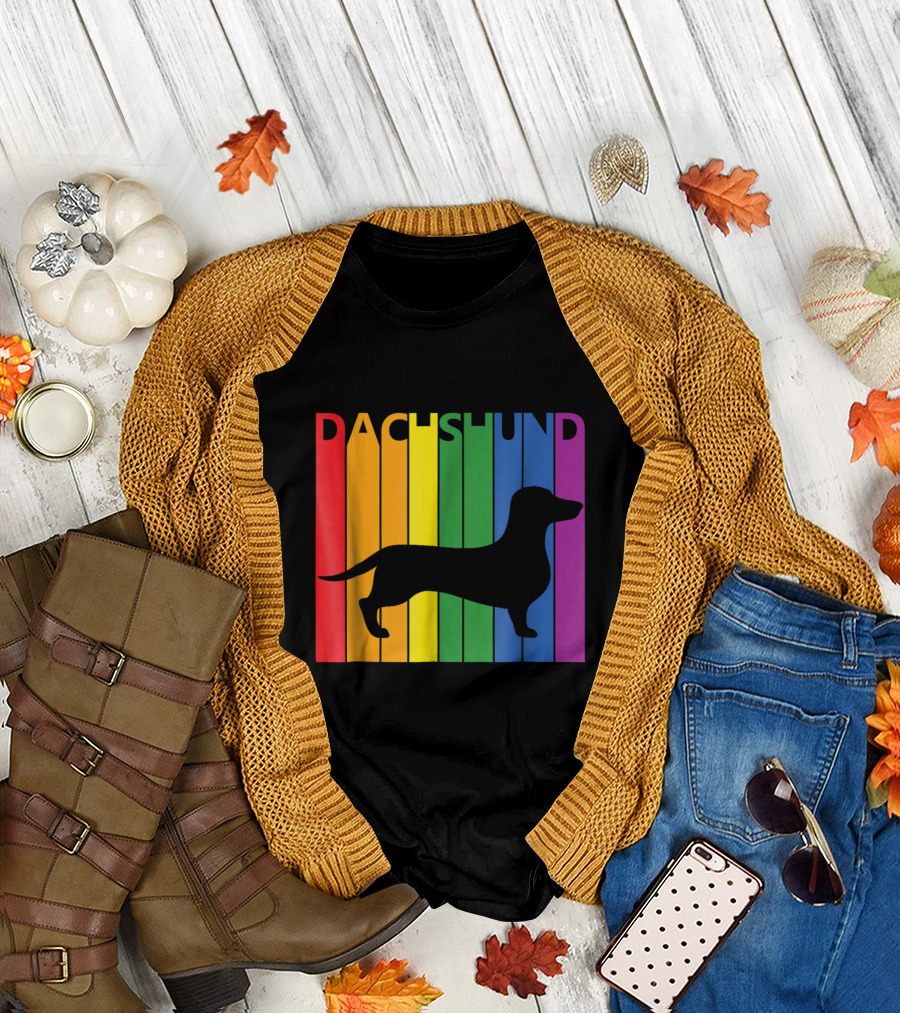 Dachshund Silhouette Over Rainbow Stripes Colorful T-Shirt