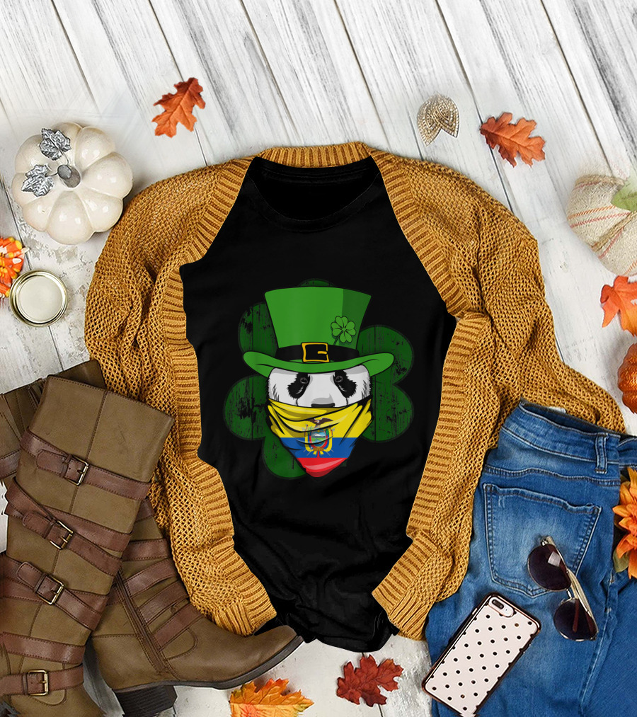 Ecuadorian Flag Panda with Irish Shamrock Hat and Bandana T-Shirt