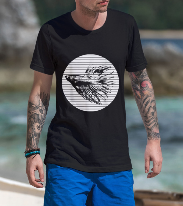 Betta Splendens Siamese Fig Fish With Striped Circle Background T-Shirt