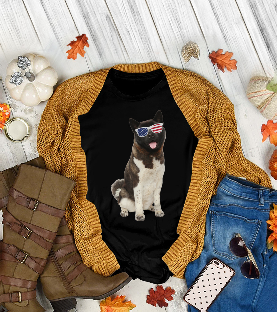American Akita with Patriotic Flag Sunglasses T-Shirt