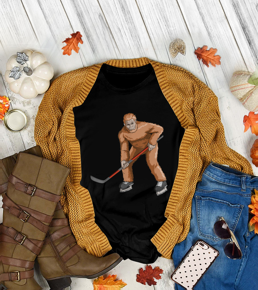 Bigfoot Sasquatch Playing Hockey on Ice Skates T-Shirt