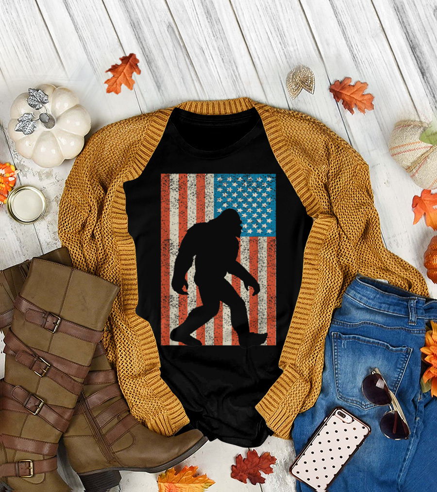 Bigfoot Sasquatch Silhouette with American Flag Background I Believe USA T-Shirt