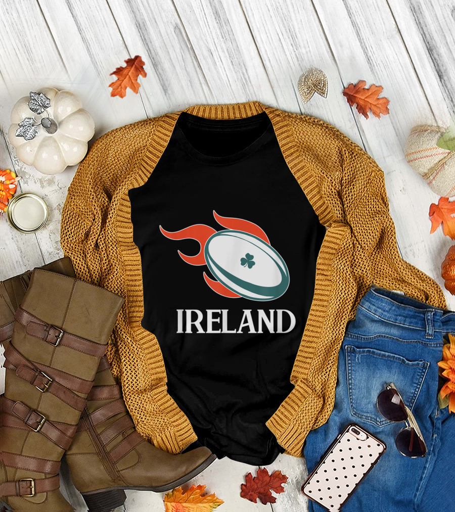 Ireland Rugby Flaming Rugby Ball with Shamrock T-Shirt