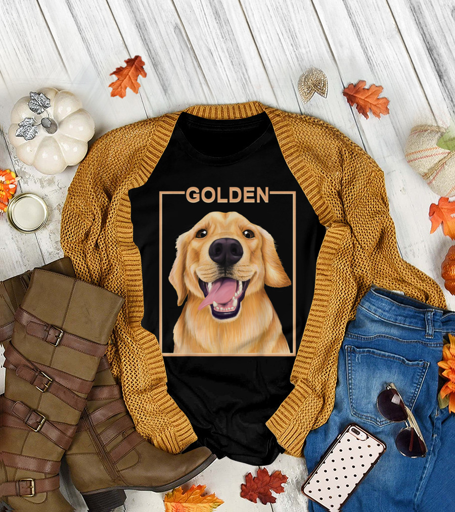 Golden Retriever Happy Dog in Black and Gold Frame T-Shirt