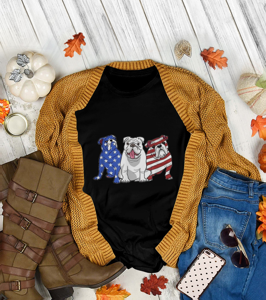 Patriotic American Bulldogs with Stars and Stripes US Flag T-Shirt