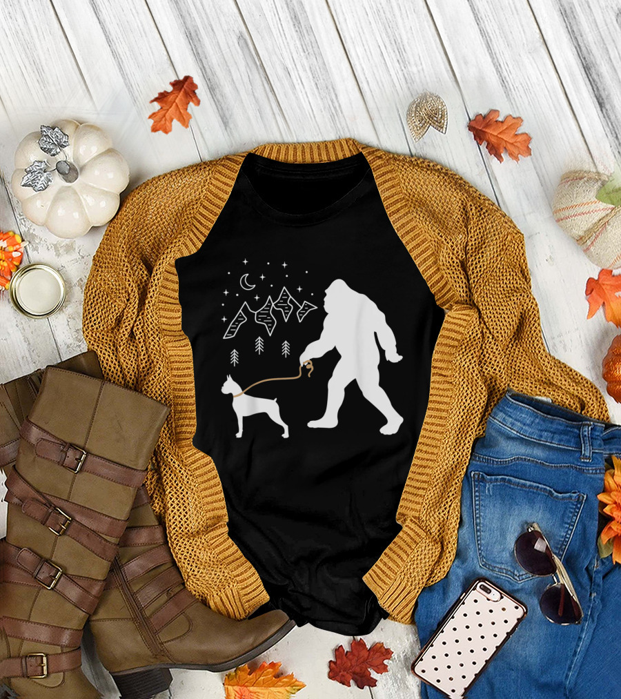 Bigfoot Walking Boxer Dog Under Starry Mountain Sky T-Shirt