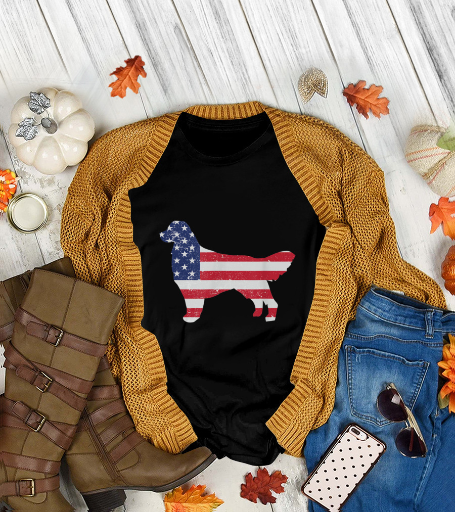 Golden Retriever Silhouette with Stars and Stripes American Flag T-Shirt