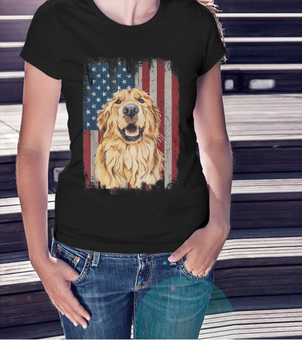 Golden Retriever With American Flag Background Patriotic T-Shirt