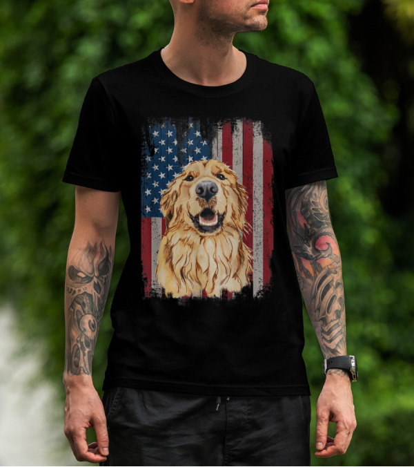 Golden Retriever With American Flag Background Patriotic T-Shirt