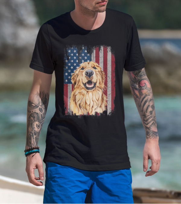 Golden Retriever With American Flag Background Patriotic T-Shirt