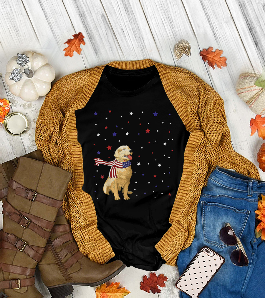 Golden Retriever in Patriotic American Flag Scarf Surrounded by Red White and Blue Stars T-Shirt