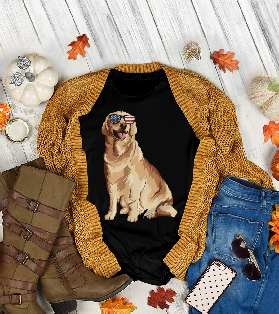 Golden Retriever Wearing American Flag Sunglasses Patriotic Dog T-Shirt