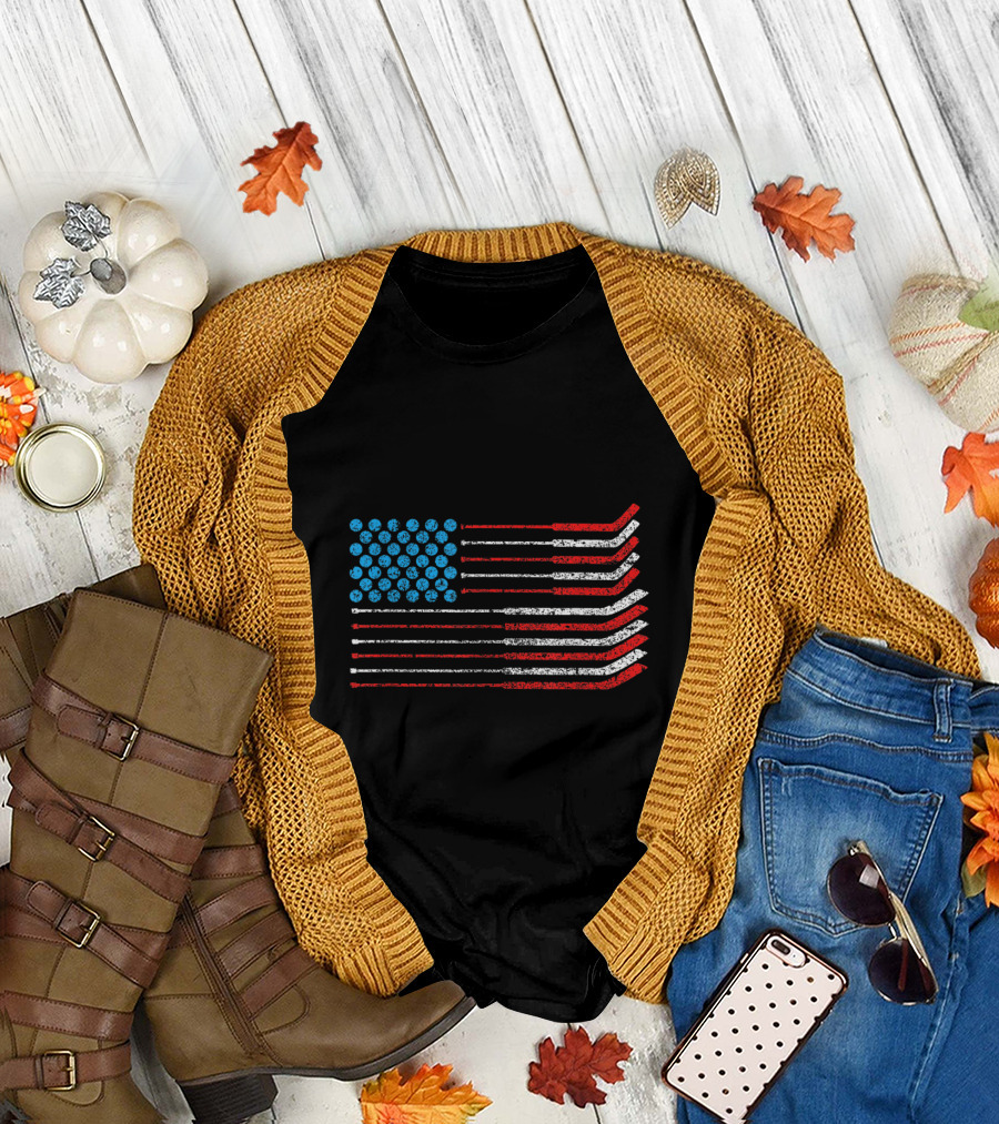 American Flag Patriotic Hockey Sticks 4th Of July T-Shirt