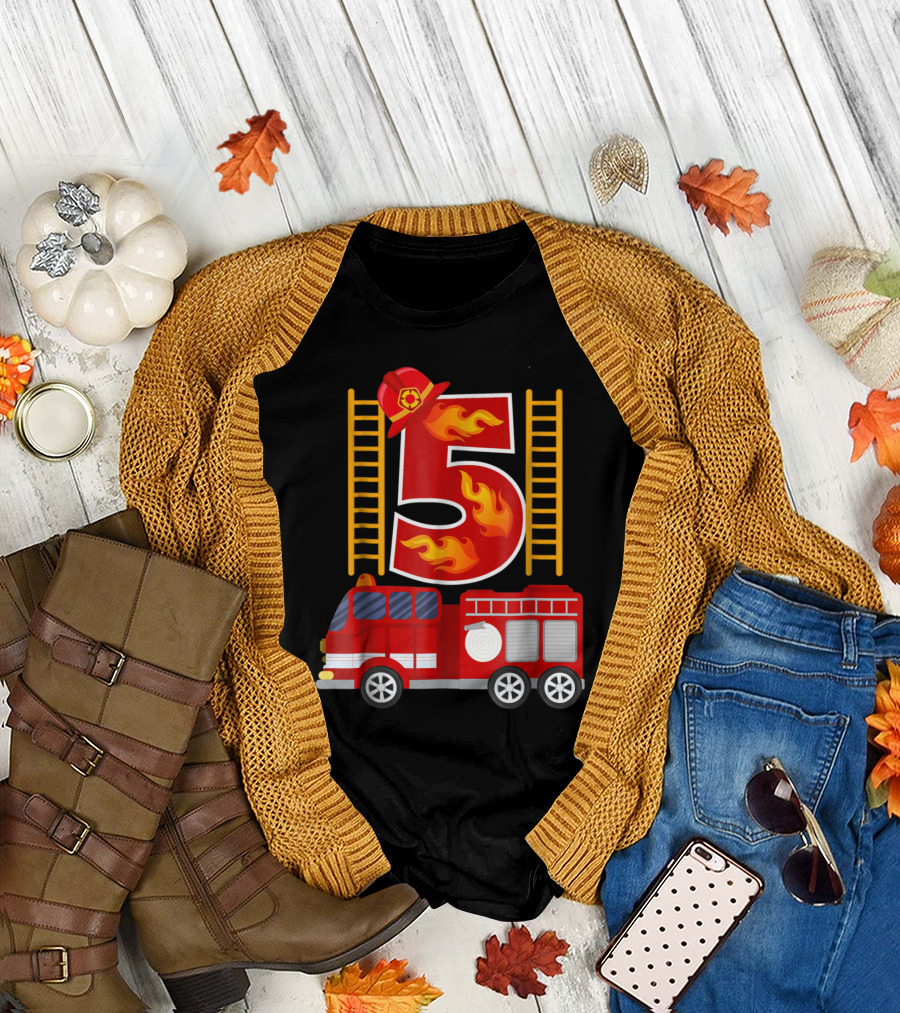 Birthday 5 Firefighter Theme with Fire Truck and Flames T-Shirt