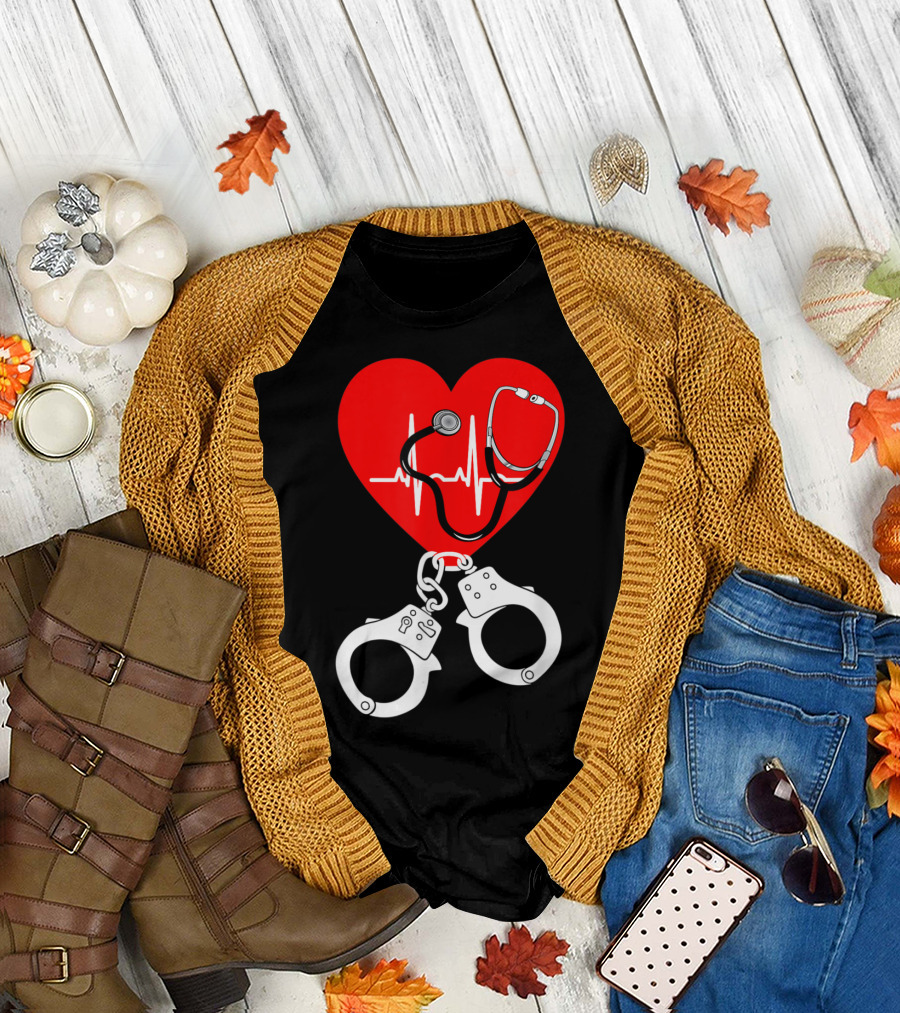 Correctional Nurse Heartbeat Stethoscope and Handcuffs T-Shirt