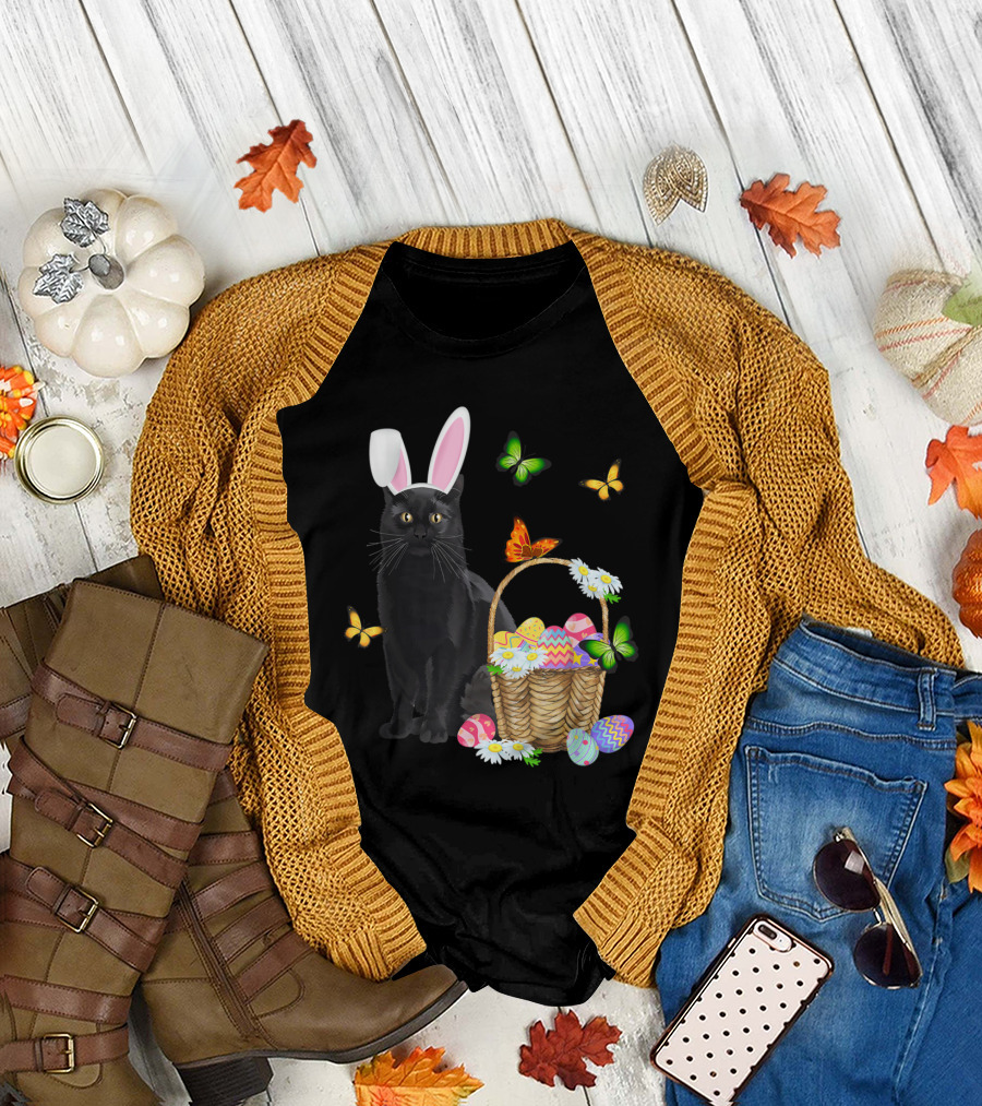 Black Cat Wearing Bunny Hat with Easter Eggs and Butterflies Basket T-Shirt
