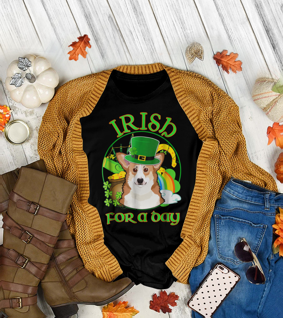 Irish For A Day Pembroke Welsh Corgi St Patrick's Celebration with Shamrocks and Rainbow T-Shirt