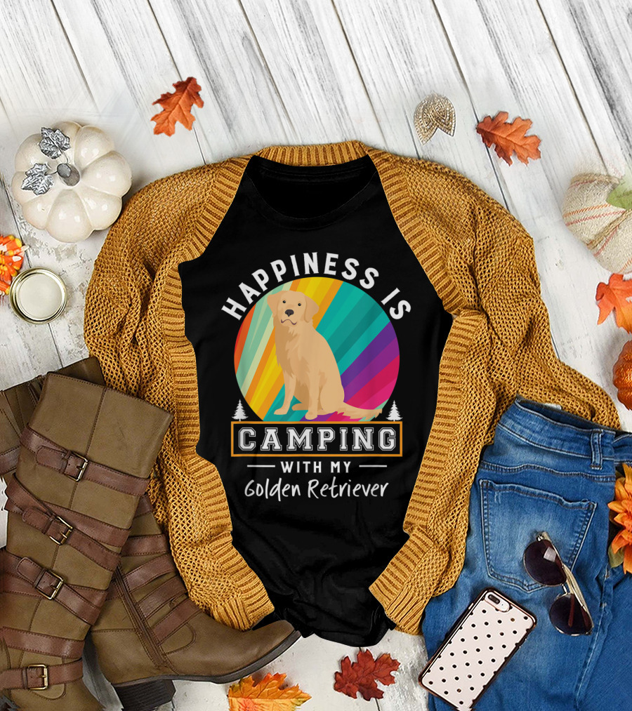 Happiness is Camping with My Golden Retriever Rainbow Circle T-Shirt