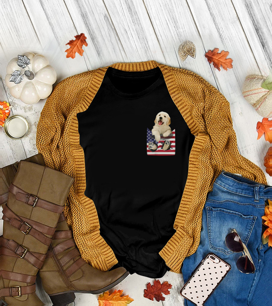 Golden Retriever Dog in American Flag Pocket T-Shirt