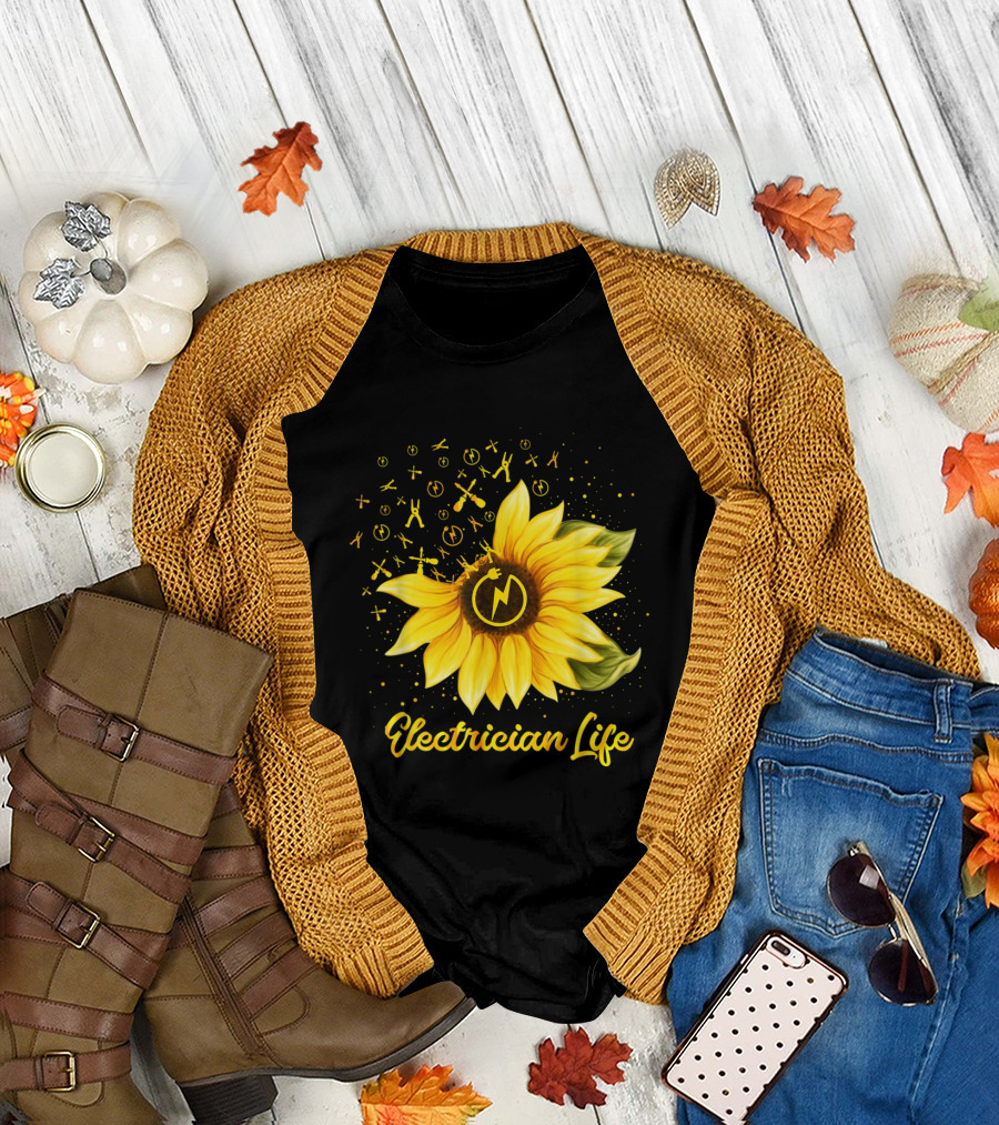 Electrician Life Sunflower with Voltage Symbols and Bright Yellow T-Shirt