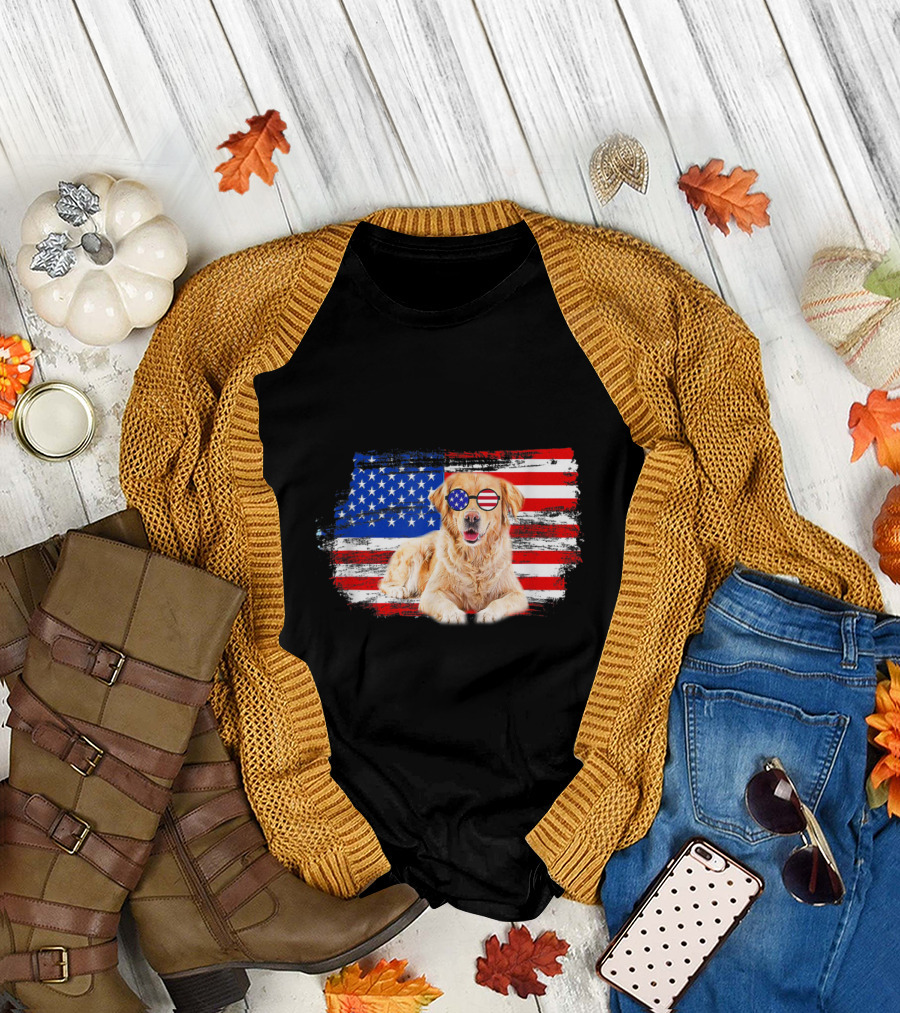 Golden Retriever with American Flag Glasses on 4th of July Background T-Shirt