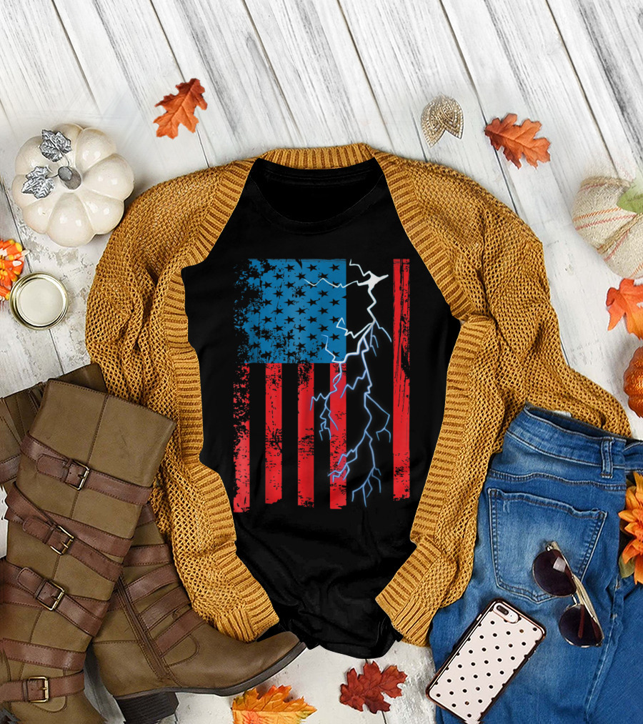 American Flag with Lightning and Stars Electrician Mechanic T-Shirt
