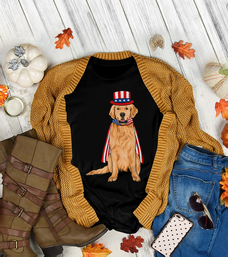 Golden Retriever Patriotic American Flag Costume T-Shirt