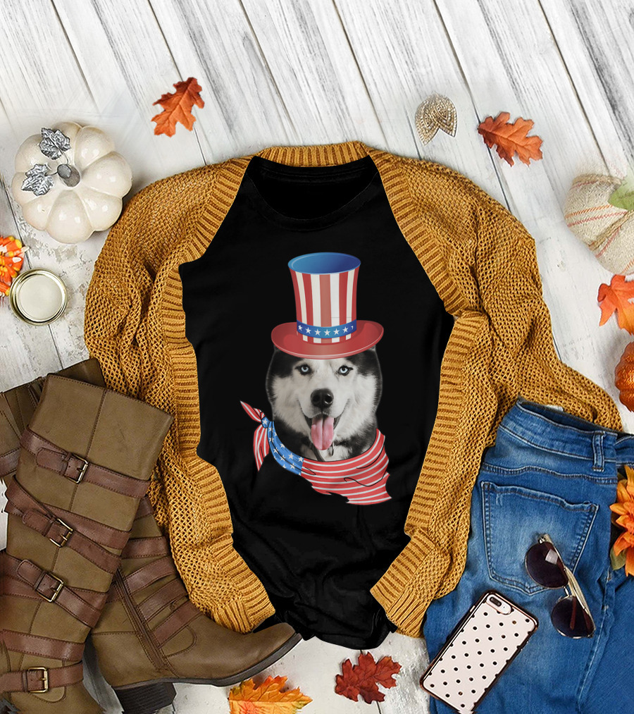 Patriotic Husky Wearing Uncle Sam Hat with American Flag Bandana 4th of July T-Shirt
