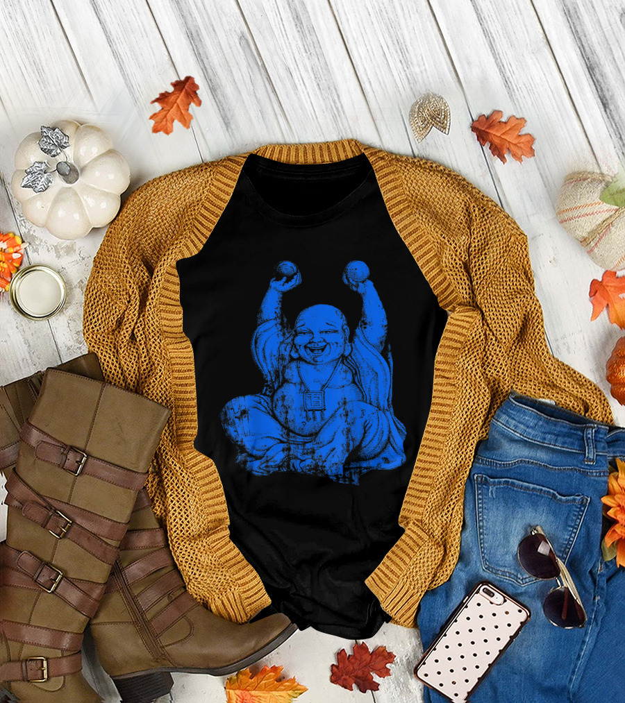 Blue Laughing Buddha Uplift Yoga Statue T-Shirt