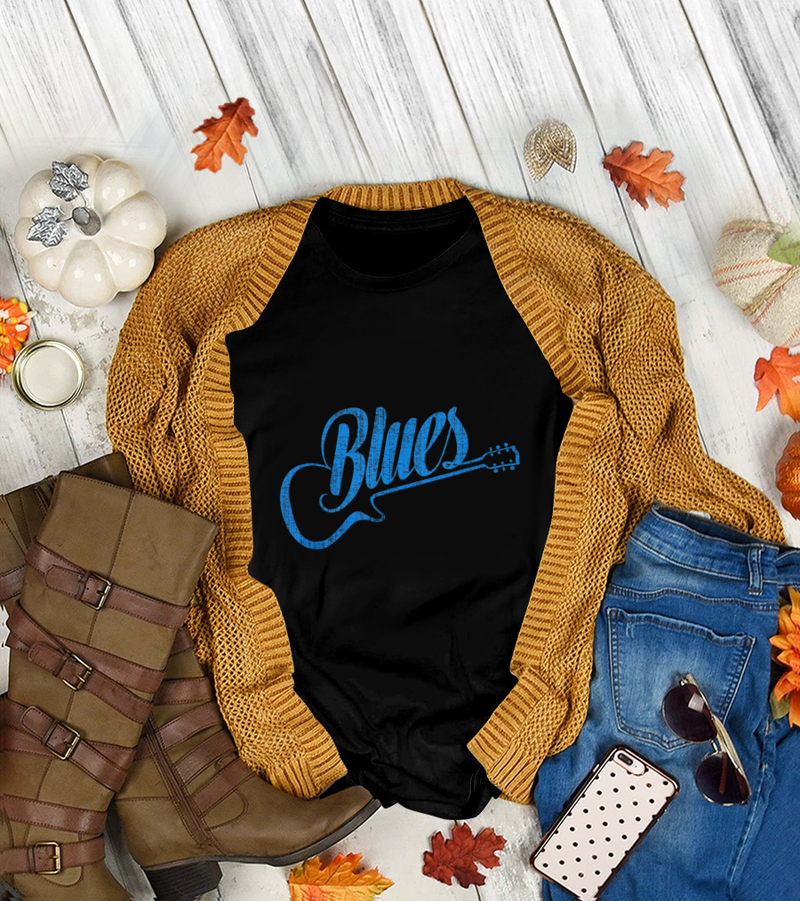 Blues Music Guitar Design Featuring Blue Text and Guitar Shape T-Shirt