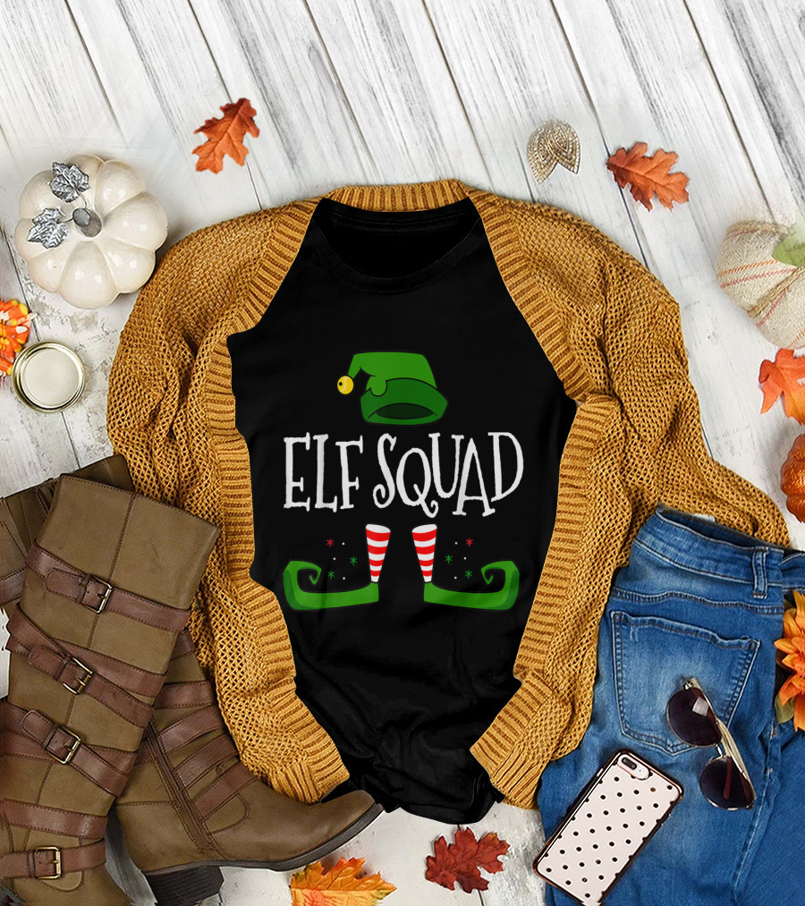 Elf Squad Christmas Funny Family Group Festive Hat and Striped Socks T-Shirt