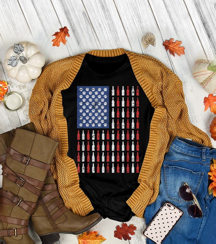 USA Flag Pattern with Dog Paws and Beer Bottles T-Shirt