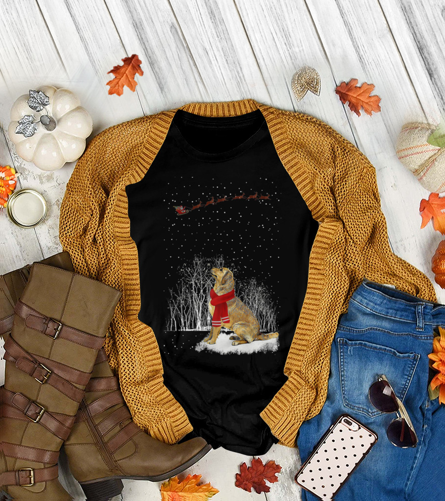 Golden Retriever with Scarf Watching Santa Sleigh in Snowy Forest Scene T-Shirt