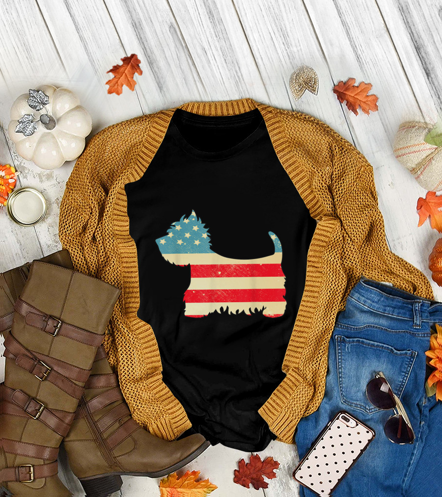 Vintage American Flag Westie Dog Silhouette 4th of July T-Shirt