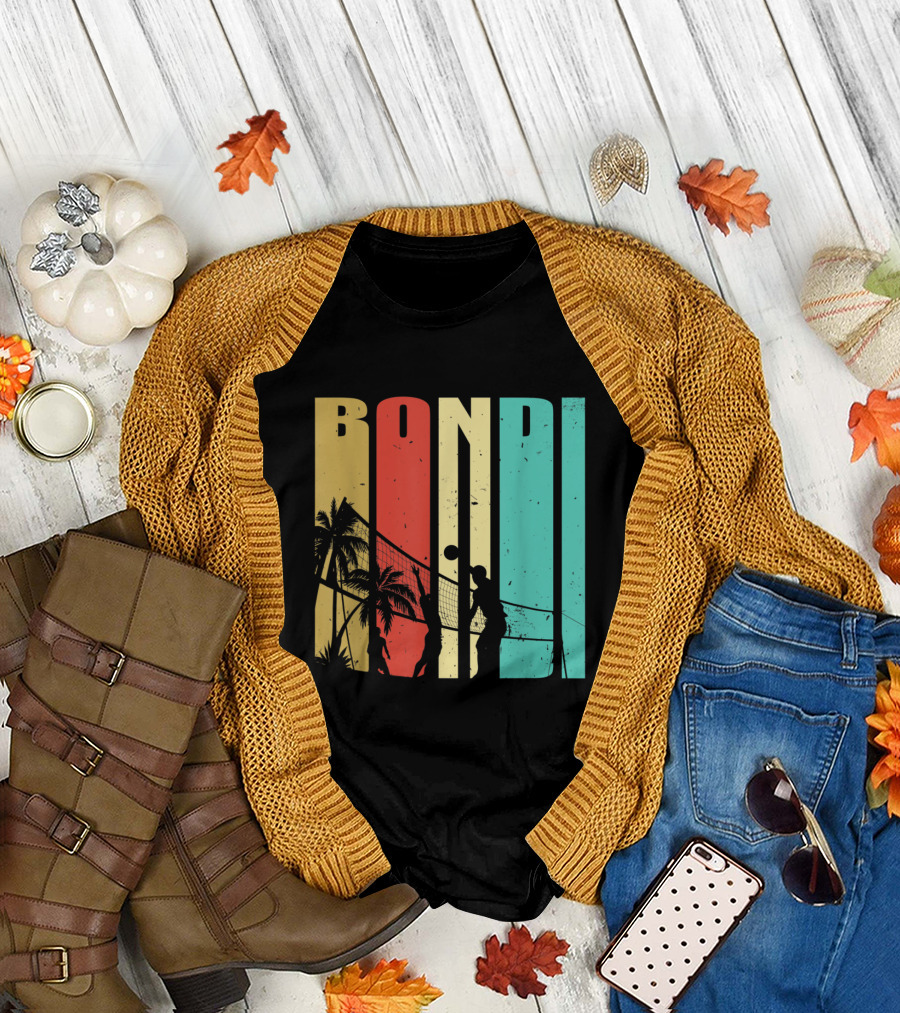 Bondi Beach Volleyball Silhouette with Palm Trees Australia Scenic Sport T-Shirt