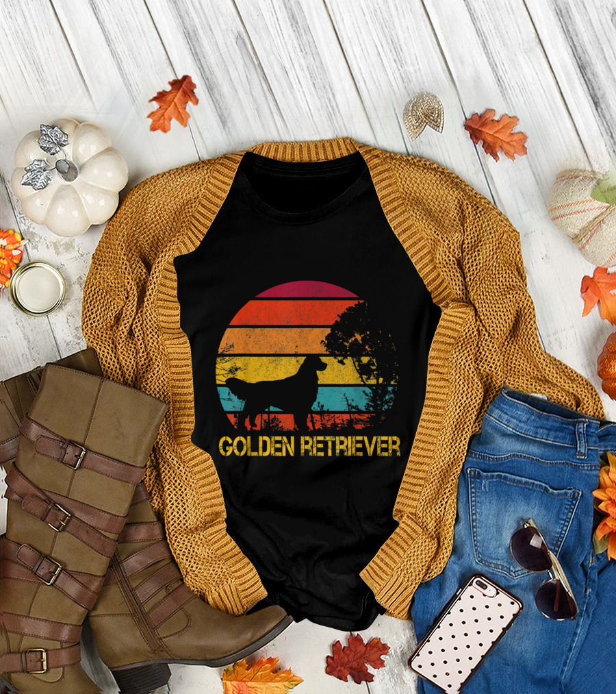 Golden Retriever Silhouette with Retro Sunset Stripe Background T-Shirt