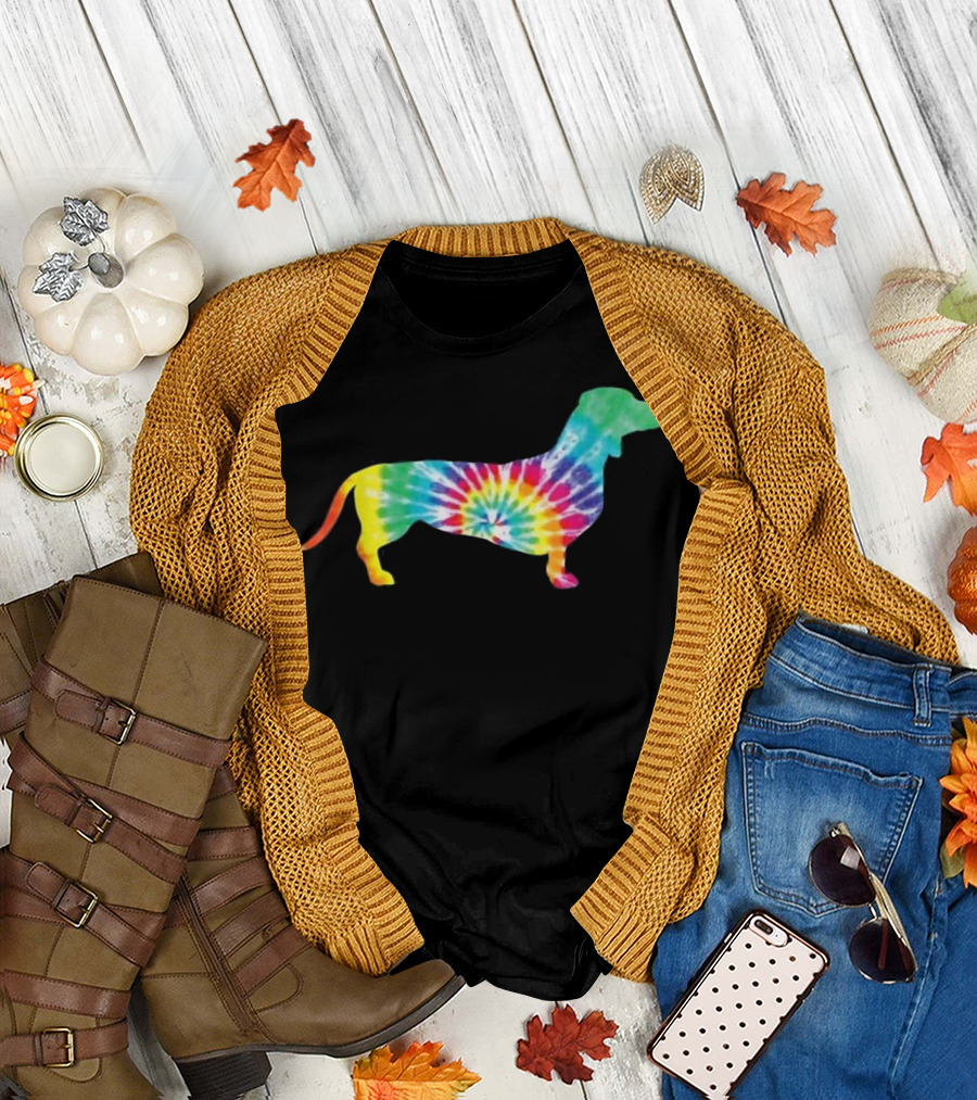 Tie Dye Dachshund Silhouette Hippie Style Rainbow Colors T-Shirt