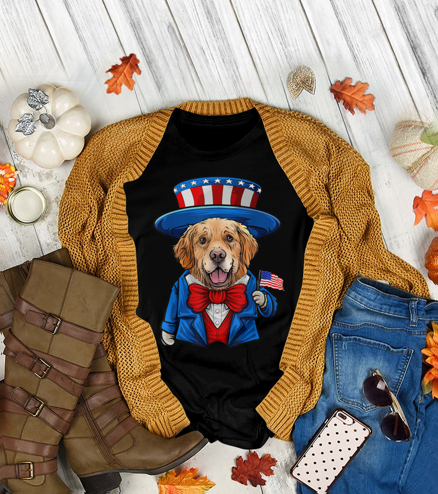 Golden Retriever in Uncle Sam Costume with American Flag for 4th of July Fun T-Shirt