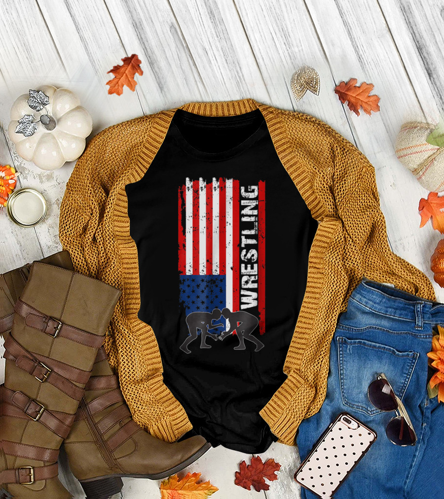 Wrestling Silhouettes on Distressed American Flag USA Sporting Pride T-Shirt