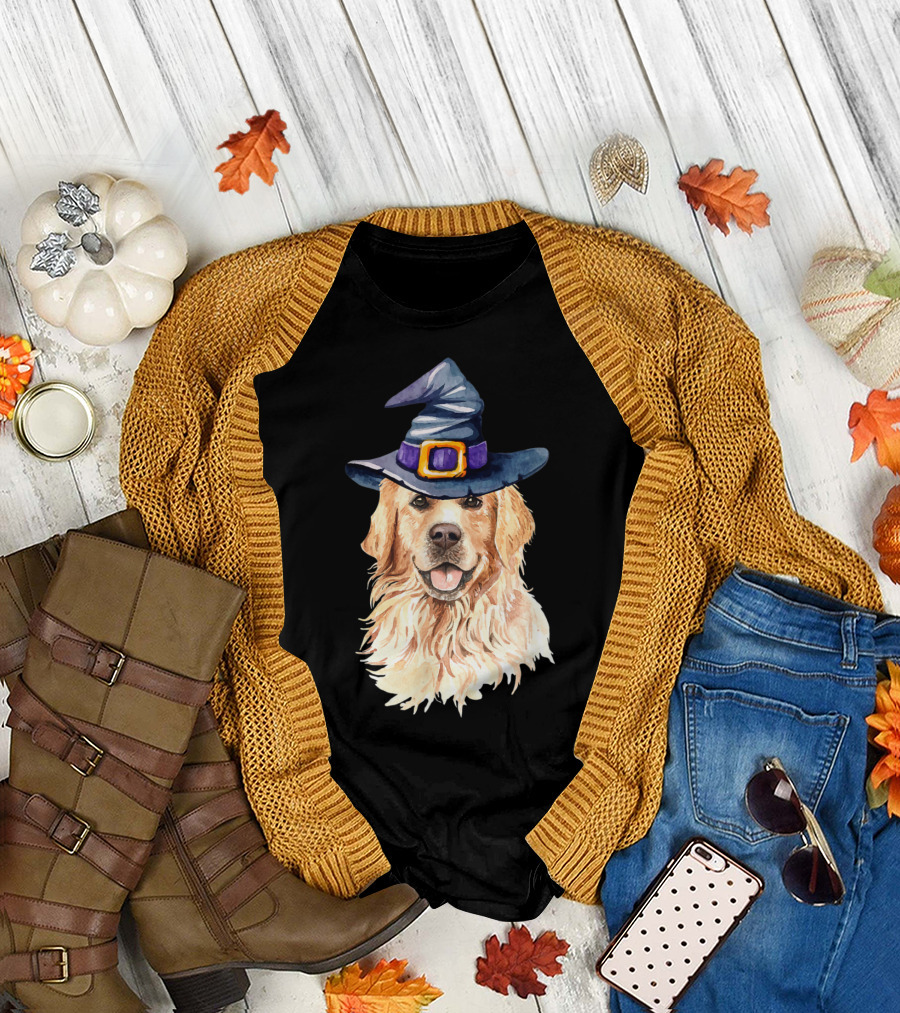 Golden Retriever in Witch Hat Illustration for Dog Lovers T-Shirt