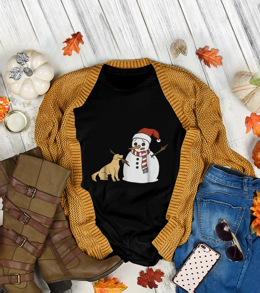 Golden Retriever Playfully Interacting With Snowman Wearing Santa Hat and Scarf T-Shirt