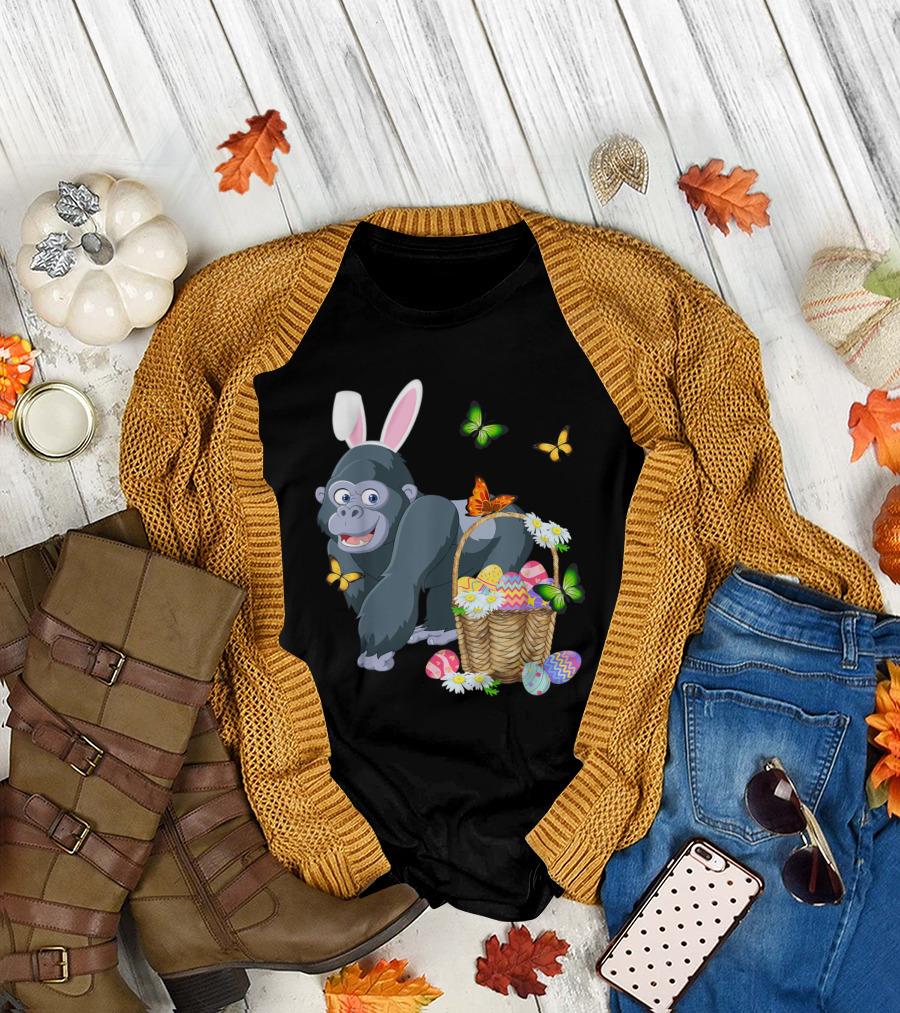 Gorilla with Bunny Ears and Basket of Easter Eggs Surrounded by Butterflies T-Shirt