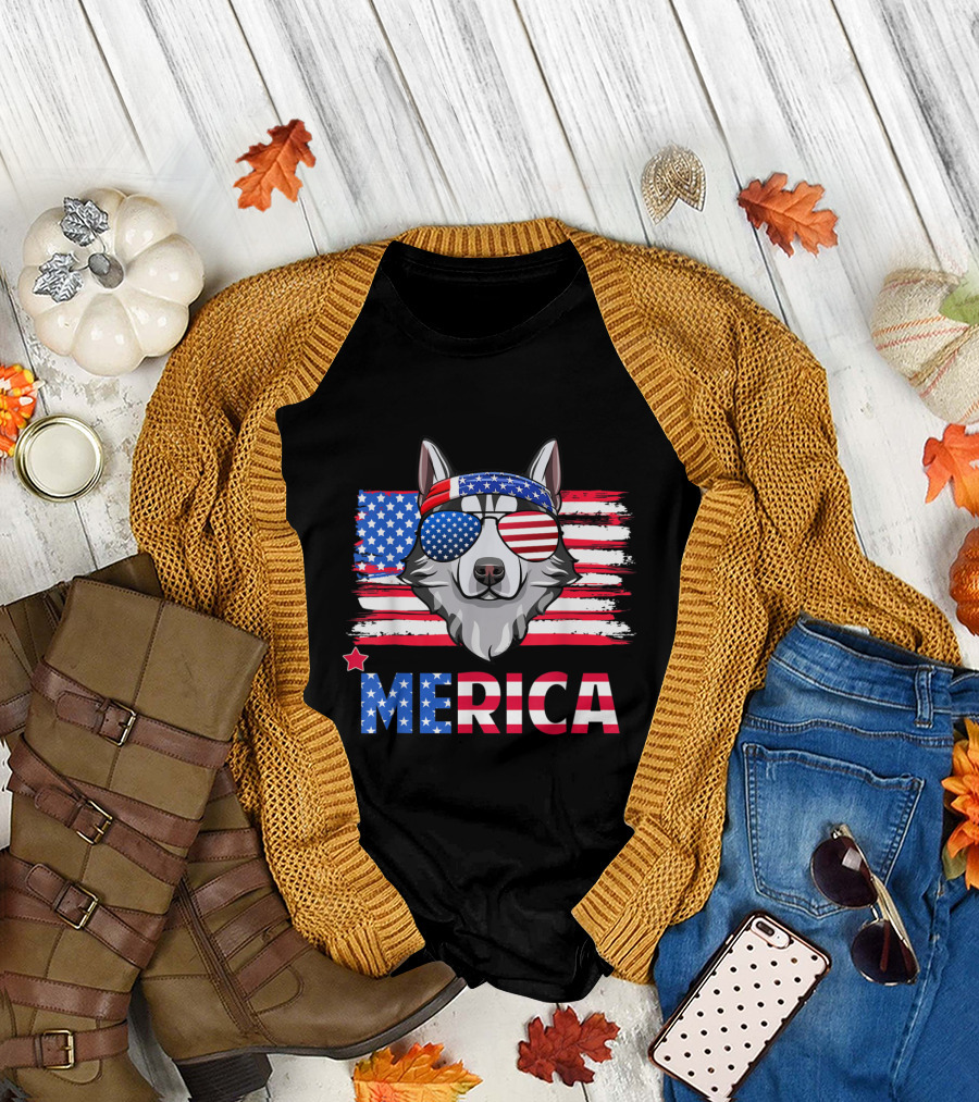 Merica Patriotic Husky with American Flag Sunglasses and Bandana T-Shirt