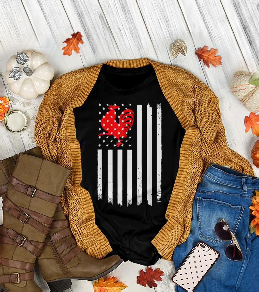 American US Flag with Rooster and Stars Chicken T-Shirt