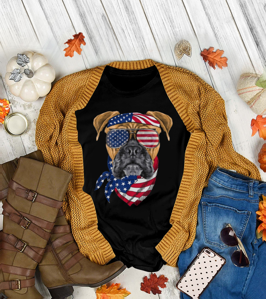 Boxer Dog with American Flag Bandana and Sunglasses for Patriotic Vibe Lovers T-Shirt