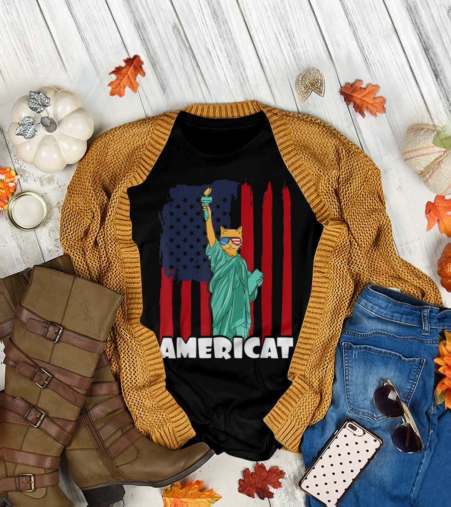 Americat Funny 4th of July Independence Statue of Liberty Cat with American Flag and Sunglasses T-Shirt