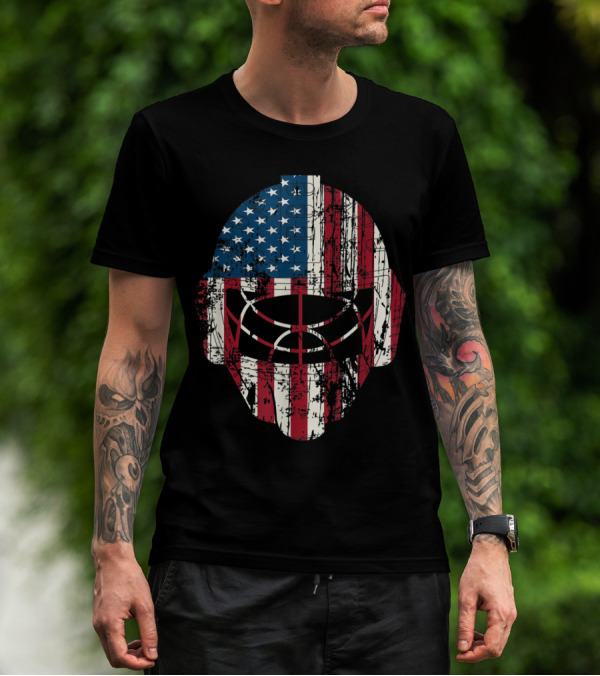 American Flag Hockey Player Helmet Vintage Grunge T-Shirt