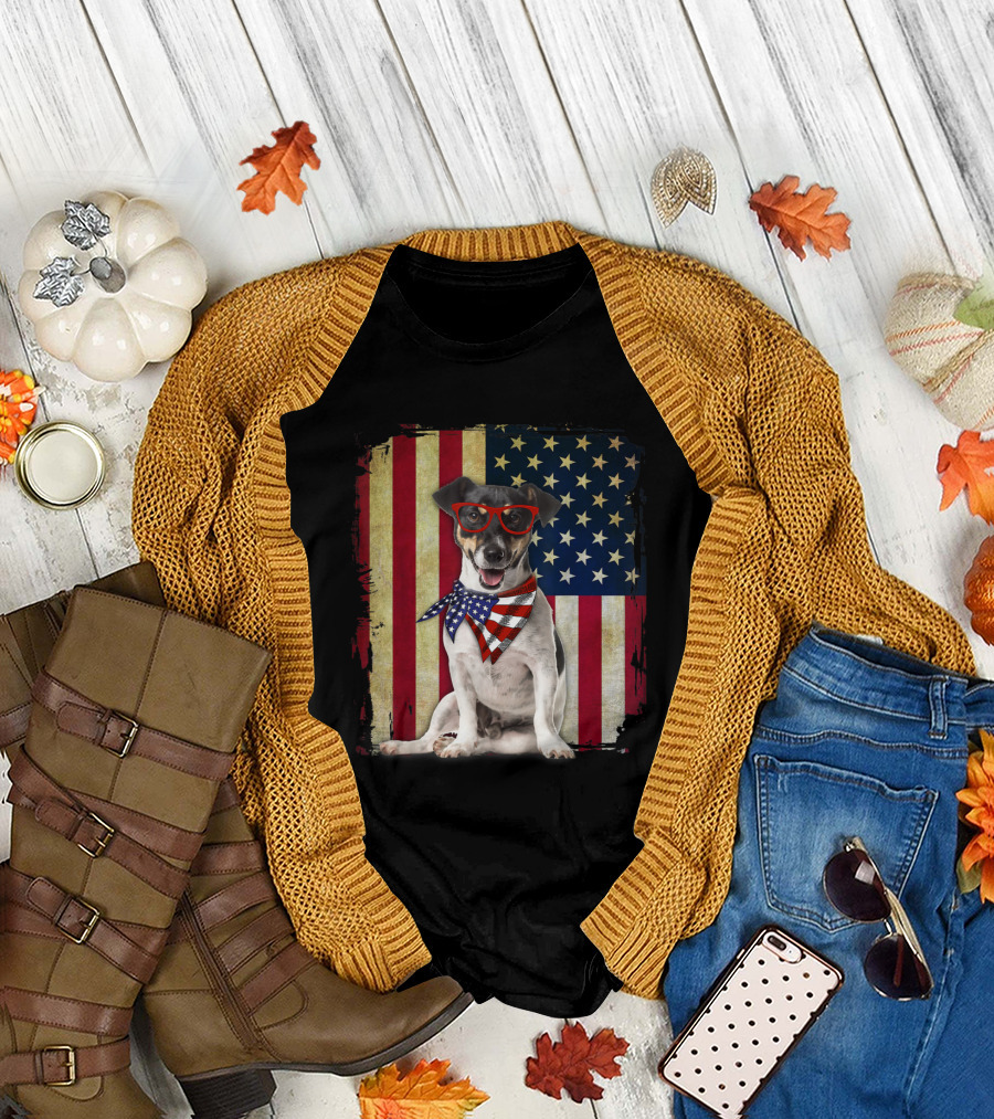 Jack Russell American Flag with Sunglasses and Bandana T-Shirt